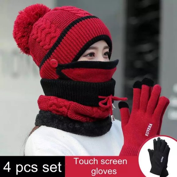 High Quality Ring Scarves Hat Touch Screen Gloves Set Winter 4pcs Fleece Lined - Picture 3 of 3